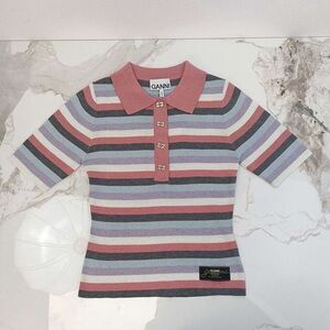 GANNI Kids Polo Shirt - Pink, Gray, White Stripes